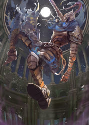 Rule 34 | 1boy, arm at side, armor, artorias the abysswalker, blue capelet, breastplate, capelet, commentary request, dark souls (series), dark souls i, faceless, faceless male, facing away, faulds, full armor, full body, full moon, gauntlets, greatsword, greaves, helmet, highres, holding, holding sword, holding weapon, hood, hood up, hukutuuprunes, jumping, knight, light particles, male focus, moon, night, night sky, outdoors, pauldrons, pillar, plume, shoulder armor, sky, solo, sword, weapon