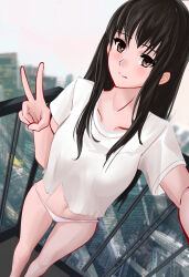 Rule 34 | 1girl, absurdres, black hair, brown eyes, cityscape, closed mouth, collarbone, dutch angle, exhibitionism, feet out of frame, female focus, highres, long hair, looking at viewer, navel, no pants, original, outdoors, panties, photo background, public indecency, railing, shirt, short sleeves, smile, solo, standing, thighs, torn clothes, torn shirt, underwear, v, white panties, white shirt, yuanfang de baihua l&iacute;n