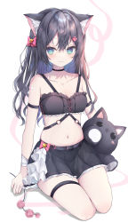 Rule 34 | 1girl, absurdres, animal ear fluff, animal ears, bandaged arm, bandages, bandaid, bandaid on arm, bare shoulders, bell, black choker, black hair, black skirt, bow, breasts, cat ears, choker, cleavage, closed mouth, collarbone, commentary, frilled skirt, frills, full body, green eyes, hair bell, hair between eyes, hair bow, hair ornament, highres, jingle bell, long hair, looking at viewer, moemoepiano, navel, original, paw hair ornament, pink bow, pleated skirt, romaji commentary, sitting, skindentation, skirt, small breasts, solo, stuffed animal, stuffed cat, stuffed toy, thigh strap, white background