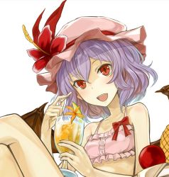 Rule 34 | 1girl, :d, adapted costume, bare shoulders, bikini, blush, bow, breasts, collarbone, flower, frilled bikini, frills, hat, hat flower, hibiscus, kazabana fuuka, light purple hair, looking at viewer, mob cap, open mouth, pink bikini, red bow, red eyes, remilia scarlet, short hair, small breasts, smile, solo, swimsuit, touhou, tropical drink, upper body