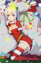 Rule 34 | 10s, 1girl, alternate costume, bag, bell, belt, blonde hair, blue eyes, blush, breasts, christmas, christmas lights, christmas ornaments, cleavage, cleavage cutout, clothing cutout, cross, dress, female focus, fur, gin00, graf zeppelin (kancolle), hair bell, hair between eyes, hair ornament, highres, kantai collection, kneeling, large breasts, long hair, long sleeves, looking at viewer, miniskirt, no headwear, no headwear, open mouth, red dress, red thighhighs, sack, santa costume, silver hair, skirt, solo, star (symbol), thighhighs, twintails