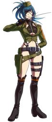 Rule 34 | 1girl, alternate costume, belt, black gloves, black panties, blue hair, boots, breasts, earrings, eyepatch, garrison cap, gloves, hat, holding, holding whip, holster, jewelry, leona heidern, medium breasts, military, military hat, military uniform, no pants, official art, ogura eisuke, panties, riding crop, simple background, snk, snk heroines: tag team frenzy, solo, the king of fighters, thigh boots, thigh holster, thigh strap, thighhighs, transparent background, underboob, underwear, uniform, whip