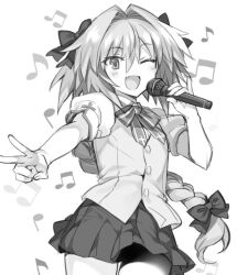 Rule 34 | 1boy, ;d, alternate costume, astolfo (fate), bow, bowtie, braid, cowboy shot, fang, fate/apocrypha, fate (series), greyscale, hair bow, hanabana tsubomi, holding, holding microphone, homurahara academy school uniform, long hair, looking at viewer, male focus, microphone, monochrome, multiple hair bows, music, musical note, one eye closed, open mouth, school uniform, short sleeves, simple background, singing, skin fang, skirt, smile, solo, trap, v, vest