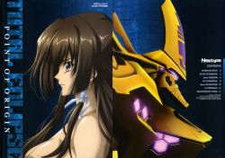 Rule 34 | 1girl, absurdres, black hair, breasts, brown hair, commentary, copyright name, english text, glowing, gradient background, hair ribbon, hara yumiko, highres, large breasts, long hair, looking to the side, mecha, muv-luv, muv-luv alternative, muv-luv total eclipse, neon trim, newtype, nude, official art, out-of-frame censoring, profile, purple eyes, ribbon, robot, scan, serious, sidelocks, solo, takamura yui, tress ribbon, type-00f takemizakuchi, upper body