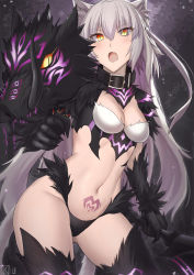 Rule 34 | 1girl, agrius metamorphosis, animal ears, atalanta (fate), atalanta alter (fate), black collar, black panties, bow (weapon), breasts, cat ears, claws, cleavage, cleavage cutout, clothing cutout, collar, colored sclera, commentary request, eyes visible through hair, fang, fate/grand order, fate (series), fur, fur trim, highres, holding, holding weapon, kakeku, long hair, looking at viewer, medium breasts, navel, no pants, open mouth, panties, pubic tattoo, silver hair, simple background, slit pupils, solo, standing, stomach tattoo, tattoo, tsurime, underwear, very long hair, weapon, wolf, wolf ears, yellow sclera