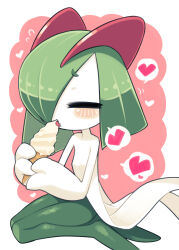 Rule 34 | closed eyes, creatures (company), food, game freak, gen 3 pokemon, green hair, hair over one eye, heart, highres, holding, holding food, holding ice cream, horns, ice cream, ice cream cone, ino (tellu0120), kirlia, nintendo, pink background, pokemon, pokemon (creature), seiza, sidelocks, simple background, sitting, tongue, tongue out