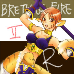 Rule 34 | 1girl, animal ears, artist request, bandages, blush, breasts, breath of fire, breath of fire ii, bustier, cat ears, cat tail, claws, artistic error, facial mark, female pubic hair, furry, furry female, gloves, green eyes, no panties, no pants, open mouth, orange hair, pointy ears, pubic hair, rinpoo chuan, sharp toenails, short hair, solo, staff, striped, tail, toenails, typo