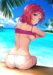 Rule 34 | 1girl, ass, back, bikini, blue sky, blush, breasts, clothes lift, cloud, cloudy sky, day, from behind, lifted by self, looking at viewer, looking back, love live!, love live! school idol project, medium breasts, mignon, nishikino maki, ocean, outdoors, palm tree, purple eyes, red hair, shade, shiny clothes, shirt lift, short hair, sideboob, sitting, skindentation, sky, solo, summer, swimsuit, tree, undressing, white bikini, wide hips