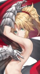 Rule 34 | 1girl, bare shoulders, blonde hair, braid, breasts, fate/apocrypha, fate (series), french braid, gauntlets, green eyes, highres, long hair, looking at viewer, mordred (fate), mordred (fate/apocrypha), parted bangs, ponytail, sidelocks, small breasts, smile, solo, tonee