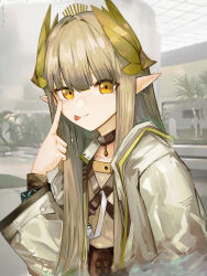 Rule 34 | 1girl, absurdres, arknights, black choker, blonde hair, brown shirt, choker, closed mouth, coat, cowboy shot, elf, highres, infection monitor (arknights), lab coat, laurel crown, long hair, looking at viewer, mole, mole under eye, muelsyse (arknights), open clothes, open coat, pointy ears, runamonet, shirt, smile, solo, white coat, yellow eyes