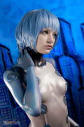 Rule 34 | 1girl, ayanami rei, blue hair, bodypaint, breasts, cosplay, female focus, highres, naked paint, neon genesis evangelion, nipples, nude, painted clothes, photo (medium), short hair, small breasts, solo