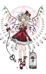 Rule 34 | 1girl, absurdres, ascot, blonde hair, blood, blood on clothes, blood on face, blood on hands, collared shirt, crystal, danmaku, fangs, fingernails, flandre scarlet, frilled shirt collar, frilled skirt, frilled sleeves, frills, full body, hanaya (fleur), hat, highres, laevatein (touhou), long fingernails, long hair, looking at viewer, magic circle, mob cap, nail polish, one side up, open mouth, petals, pointy ears, red eyes, red footwear, red nails, red skirt, red vest, sharp fingernails, shirt, shoes, short sleeves, simple background, skirt, slit pupils, smile, solo, touhou, vest, white background, white hat, white shirt, wings, wrist cuffs, yellow ascot