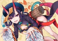 Rule 34 | 1girl, beret, black dress, blush, breasts, chinese clothes, cleavage cutout, clothing cutout, commentary request, dress, eyeliner, fate/grand order, fate (series), hair rings, hat, heroic spirit chaldea park outfit, horns, jiangshi, kaguyuzu, leaning forward, long sleeves, looking at viewer, makeup, nail polish, ofuda, oni, open mouth, outstretched arms, peacock feathers, pelvic curtain, purple eyes, purple hair, qingdai guanmao, short eyebrows, short hair, shuten douji (fate), shuten douji (festival outfit) (fate), side slit, skin-covered horns, small breasts, smile, solo, thighs, yellow background, zombie pose