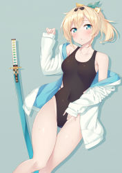 Rule 34 | 1girl, aqua eyes, bare shoulders, black one-piece swimsuit, blonde hair, blush, bow, breasts, collarbone, commentary request, competition swimsuit, covered navel, gluteal fold, green background, hair between eyes, highres, hololive, jacket, katana, kazama iroha, kazuma (kazumav), long sleeves, looking at viewer, lying, medium breasts, medium hair, off shoulder, on back, one-piece swimsuit, open clothes, open jacket, ponytail, sheath, sheathed, sidelocks, simple background, sleeves past wrists, solo, sweat, swimsuit, sword, thigh gap, thighs, virtual youtuber, weapon, white jacket, yellow bow