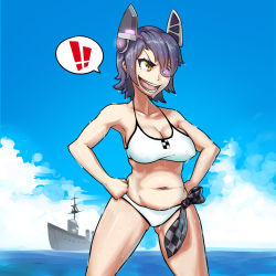 Rule 34 | !, !!, 10s, 1girl, belly, bikini, breasts, commentary, covered erect nipples, eyepatch, highres, kantai collection, large breasts, plump, solo, swimsuit, tenryuu (kancolle), triple-q, yellow eyes