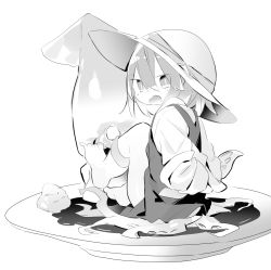 Rule 34 | 1girl, animal, arms behind back, barefoot, blush, child, cloneko (zelmeledf2), collarbone, dress, fang, female focus, food, food focus, from behind, full body, greyscale, hat, hat ribbon, in food, knees up, long sleeves, looking back, monochrome, nervous, nose blush, open mouth, original, pinafore dress, plate, restrained, ribbon, sidelocks, simple background, sitting, sketch, skin fang, sleeveless, sleeveless dress, solo, soy sauce, squid, suction cups, sun hat, sweat, tears, tentacles, v-shaped eyebrows, wasabi, white background