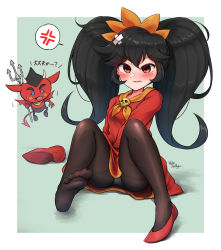 Rule 34 | 1boy, 1girl, anger vein, aqua background, artist name, ashley (warioware), bandaged head, bandages, between legs, black hair, blank eyes, blue eyes, blush, blush stickers, border, breasts, collarbone, crossed bandaids, demon boy, demon wings, dress, embarrassed, fang, feet, full body, hairband, hand between legs, highres, holding, holding polearm, holding weapon, horns, japanese text, knees up, long hair, long sleeves, looking at viewer, motion lines, neckerchief, nintendo, open mouth, orange hairband, orange neckerchief, outside border, panties, panties under pantyhose, pantyhose, pantyshot, parted lips, pointy ears, pointy footwear, polearm, red (warioware), red dress, red eyes, red footwear, red wings, shiny clothes, shoes, sidelocks, signature, simple background, single shoe, sitting, small breasts, solo focus, speech bubble, spoken anger vein, teeth, thighband pantyhose, translation request, trident, twintails, underwear, unworn shoe, unworn shoes, upskirt, v-shaped eyebrows, wakaba (wata ridley), warioware, weapon, white border, white panties, wings