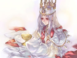 Rule 34 | crown, cup, dress, fate/hollow ataraxia, fate/stay night, fate (series), chalice, highres, illyasviel von einzbern, long hair, red eyes, sleeves past wrists, solo, tenkuu sphere, wallpaper, white hair