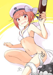 Rule 34 | 1girl, 2018, absurdres, bad id, bad pixiv id, beer bottle, beret, bikini, blush, bottle, brown eyes, brown hair, collarbone, dated, enemy naval mine (kancolle), hat, highres, holding, holding bottle, kantai collection, looking at viewer, minidraco, navel, nose blush, open mouth, sailor collar, short hair, sitting, sweatdrop, swimsuit, tentacles, untied bikini, white bikini, white hat, z3 max schultz (kancolle)