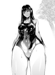 Rule 34 | 1girl, breasts, covered navel, cowboy shot, covered erect nipples, from below, greyscale, highres, kurofood, long hair, looking at viewer, looking down, medium breasts, monochrome, one-piece swimsuit, original, school swimsuit, simple background, solo, swimsuit, thighs, wet
