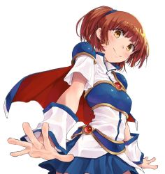 Rule 34 | 1girl, arle nadja, armor, armored dress, blue skirt, blush, brown eyes, brown hair, cape, closed mouth, commentary, cowboy shot, from behind, half updo, looking at viewer, miniskirt, ponytail, puyopuyo, ryuunosuke (luckyneco), shirt, short hair, short ponytail, shoulder armor, simple background, skirt, smile, solo, white background, white shirt, wrist cuffs, yellow eyes