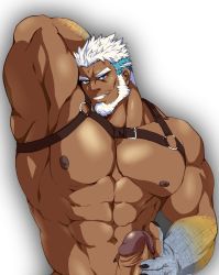 Rule 34 | 1boy, abs, aegir (housamo), aegir (swimsuit) (housamo), aqua hair, arm behind head, armpits, bad id, bad twitter id, bara, bare pectorals, beard, blue eyes, bottomless, chest harness, dark-skinned male, dark skin, erection, facial hair, fins, harness, kito (clamp5656), large pectorals, large penis, looking at viewer, male focus, mature male, multicolored hair, muscular, muscular male, nipples, pectorals, penis, short hair, smirk, solo, stomach, streaked hair, thick eyebrows, tokyo houkago summoners, uncensored, upper body, white hair