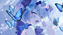 1girl :d absurdres animal anno_aano bare_shoulders blue_bow blue_eyes blurry blurry_background blurry_foreground bow bug butterfly candy commentary_request depth_of_field diagonal-striped_bow fang food from_side grey_hair grid_background hair_between_eyes hair_bow hair_intakes highres holding holding_candy holding_food holding_lollipop insect lollipop looking_at_viewer looking_to_the_side open_mouth original polka_dot polka_dot_bow short_eyebrows smile solo thick_eyebrows