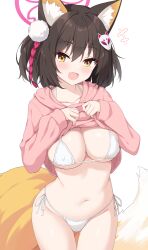 Rule 34 | 1girl, absurdres, animal ears, blue archive, bra, brown hair, hayana neru, highres, izuna (blue archive), looking at viewer, open mouth, pull, simple background, smile, solo, standing, underwear, yellow eyes