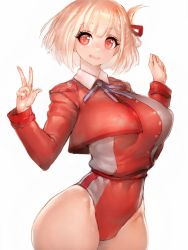 Rule 34 | 1girl, blonde hair, blue ribbon, breasts, eyelashes, fumio (rsqkr), highres, large breasts, lycoris recoil, nishikigi chisato, open mouth, red eyes, red ribbon, ribbon, short hair, solo, thick thighs, thighs, v