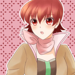 Rule 34 | 1girl, blush, breasts, iria animi, jacket, open mouth, red eyes, red hair, scarf, short hair, solo, tales of (series), tales of innocence