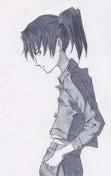 Rule 34 | 00s, 1girl, absurdres, amasawa yuuko, bad id, bad pixiv id, black hair, dennou coil, gedou (ge ge gedou), greyscale, hand in pocket, highres, jacket, looking back, marker (medium), midriff, monochrome, pencil skirt, profile, short hair, skirt, solo, traditional media, twintails
