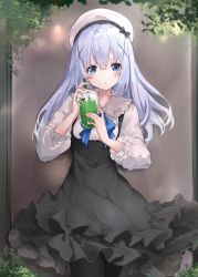 Rule 34 | 1girl, :o, absurdres, beret, black dress, black pantyhose, blue bow, blue eyes, blue hair, blush, bow, breasts, collared shirt, commentary request, cup, disposable cup, dress, drinking straw, frilled dress, frilled shirt collar, frills, gochuumon wa usagi desu ka?, hair between eyes, hair ornament, hands up, hat, highres, holding, holding cup, kafuu chino, long hair, long sleeves, looking at viewer, na-code (gurich), pantyhose, parted lips, shirt, sleeveless, sleeveless dress, small breasts, solo, striped, striped bow, very long hair, white hat, white shirt, x hair ornament
