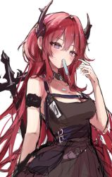 Rule 34 | 1girl, arknights, bad id, bad twitter id, black dress, blush, breasts, cleavage, detached collar, dress, food, food in mouth, highres, hisiya (wldn1112), horns, long hair, medium breasts, purple eyes, red hair, simple background, solo, surtr (arknights), upper body, white background