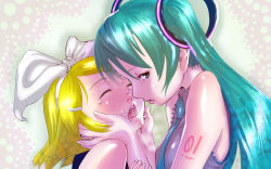 Rule 34 | 2girls, bare shoulders, blonde hair, blush, closed eyes, green eyes, green hair, hair ornament, hair ribbon, hairclip, hand on another&#039;s face, hands on another&#039;s face, hatsune miku, highres, kagamine rin, kiss, long hair, looking at viewer, looking to the side, multiple girls, necktie, open mouth, ribbon, sailor collar, saliva, saliva trail, shirt, short hair, sleeveless, sleeveless shirt, soon (c-u-soon), tears, twintails, very long hair, vocaloid, wallpaper, yuri