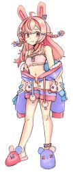 Rule 34 | 1girl, :3, ahoge, animal ears, anklet, blue ribbon, braid, highres, jacket, jewelry, long hair, no panties, open clothes, open jacket, phase connect, pink eyes, pink hair, pink ribbon, pipkin pippa, pubic hair, rabbit ears, rabbit girl, ribbon, slippers, steam, sweater, third-party edit, virtual youtuber