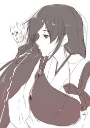 Rule 34 | 1girl, akagi (kancolle), arrow (projectile), commentary request, highres, japanese clothes, kantai collection, long hair, muneate, niwatazumi, quiver, sepia, sidelocks, sketch, solo, tasuki, upper body, white background