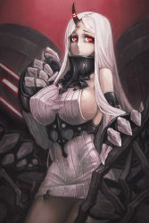 Rule 34 | 10s, 1girl, :o, a-er (akkij0358), abyssal ship, bare shoulders, breasts, claws, colored skin, cowboy shot, detached sleeves, dress, highres, horns, kantai collection, large breasts, long hair, long sleeves, looking at viewer, pale skin, red eyes, ribbed dress, ribbed sweater, ringed eyes, seaport princess, short dress, sideboob, sidelocks, single horn, solo, sweater, sweater dress, very long hair, white dress, white hair, white skin, wide sleeves