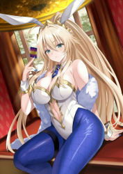 Rule 34 | 1girl, ahoge, animal ears, artoria pendragon (all), artoria pendragon (fate), artoria pendragon (swimsuit ruler) (fate), bare shoulders, between fingers, blue nails, blue necktie, blue pantyhose, blush, braid, breasts, card, chandelier, cleavage, closed mouth, clothing cutout, commentary request, detached collar, fake animal ears, fate/grand order, fate (series), green eyes, hair between eyes, harimoji, high ponytail, highleg, highleg leotard, holding, holding card, indoors, large breasts, leotard, long hair, looking at viewer, nail polish, navel, navel cutout, necktie, pantyhose, playboy bunny, rabbit ears, shawl, sidelocks, sitting, solo, straight hair, strapless, strapless leotard, thigh strap, very long hair, white leotard, window, wrist cuffs
