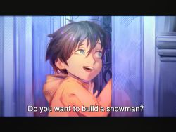 Rule 34 | 1boy, aged down, black hair, blue eyes, chainsaw man, child, door, frozen (disney), hair between eyes, hayakawa aki, highres, hood, hoodie, jacket, kozzz y, letterboxed, lock, looking at object, open mouth, peeking, scene reference, short hair, solo, subtitled, yellow hoodie, yellow jacket