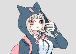 1girl abe_tomomi animal_ear_hood black_hood blush brown_hair danganronpa_(series) danganronpa_2:_goodbye_despair fake_animal_ears happy highres hood light_smile medium_hair nanami_chiaki pink_bag pink_nails pink_ribbon red_eyes ribbon