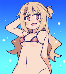 Rule 34 | 1girl, :d, arm behind head, arm up, bare arms, bare shoulders, bikini, bikini top only, blue background, blush, breasts, commentary, dot nose, fang, gradient background, groin, hair between eyes, hair ornament, hairclip, light brown hair, long hair, looking at viewer, mesugaki (nekotoufu), navel, nekotoufu, one side up, open mouth, original, out-of-frame censoring, red eyes, simple background, small breasts, smile, solo, string bikini, swimsuit, upper body