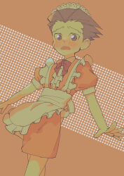 Rule 34 | 1boy, absurdres, ace attorney, apron, blush, bow, bowtie, brown eyes, brown hair, buttons, center frills, collared dress, cowboy shot, crossdressing, d:, dress, dutch angle, embarrassed, frilled apron, frills, highres, looking at viewer, maid, maid apron, maid headdress, male focus, male maid, mizumizu simizu, no sclera, open mouth, orange background, orange dress, outstretched arms, phoenix wright, puffy short sleeves, puffy sleeves, red bow, red bowtie, short dress, short hair, short sleeves, solo, spiked hair, tres bien maid uniform, white apron