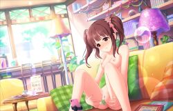 1girl annindoufu_(oicon) bandai_namco blush book brown_eyes brown_hair censored chair clover couch day dessert food four-leaf_clover hair_ribbon idolmaster indoors kneeling lamp mosaic_censoring nipples nose_blush nude nude_filter object_insertion official_art ogata_chieri phone pillow pink_ribbon plant potted_plant pussy reading recording ribbon smile solo table third-party_edit twintails vaginal vaginal_object_insertion window