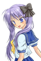 Rule 34 | 00s, 1girl, :d, arms at sides, blue eyes, blue hair, blue sailor collar, blue skirt, bow, hair bow, hiiragi kagami, lucky star, matching hair/eyes, open mouth, pink hair, pleated skirt, puffy short sleeves, puffy sleeves, sailor collar, sandgarden, school uniform, serafuku, shirt, short sleeves, simple background, skirt, smile, solo, white background, white shirt