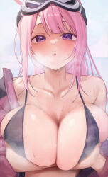 Rule 34 | 1girl, artist name, bikini, black bikini, blue archive, blush, breasts, collarbone, eimi (blue archive), eimi (swimsuit) (blue archive), goggles, goggles on head, halo, highres, huge breasts, jacket, long hair, long sleeves, looking at viewer, official alternate costume, open clothes, open jacket, open mouth, pink hair, pink halo, pink jacket, ponytail, purple eyes, rryiup, signature, solo, sweat, swimsuit, upper body