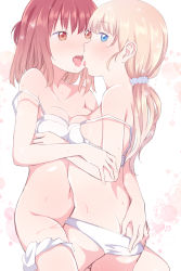 Rule 34 | 2girls, ass, ass grab, blonde hair, blue eyes, blush, bra, breasts, brown eyes, brown hair, highres, looking at another, looking at viewer, multiple girls, original, panties, shichouson, sweat, tongue, tongue out, underwear, underwear only, yuri