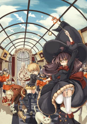 Rule 34 | 2girls, 5boys, armor, bandaid, bird, black dress, boots, brown hair, cat, cat tail, cloud, crown, day, dove, dress, facial hair, garter straps, hat, helmet, long hair, md5 mismatch, morimaiko, multiple boys, multiple girls, mustache, original, painting (object), prince, sky, soldier, statue, tail, thighhighs, wand, white legwear, witch, witch hat