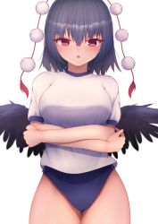 Rule 34 | 1girl, arms under breasts, bird wings, black hair, black wings, blue buruma, blush, breasts, buruma, commentary, cowboy shot, crossed arms, darumoon, feathered wings, hair between eyes, highres, looking at viewer, medium breasts, parted lips, pom pom (clothes), red eyes, shameimaru aya, shirt, short hair, short sleeves, simple background, solo, standing, sweatdrop, touhou, white background, white shirt, wings
