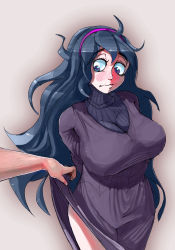 Rule 34 | 1girl, ahoge, arms behind back, besthetz, black hair, blush, breasts, closed mouth, clothes lift, creatures (company), dress, dress lift, game freak, gradient background, hairband, hex maniac (pokemon), highres, large breasts, long dress, long hair, messy hair, nintendo, pokemon, pokemon xy, purple dress, purple eyes, turtleneck, wavy mouth