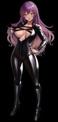 Rule 34 | 1girl, absurdres, biker clothes, bikesuit, black background, black bodysuit, black footwear, blonde hair, blush, bodysuit, boots, breasts, commentary, cross-laced clothes, flashing, full body, hand on own hip, high heel boots, high heels, highres, hijiri byakuren, knee boots, large breasts, latex, latex bodysuit, long hair, long sleeves, looking at viewer, multicolored hair, no bra, official alternate costume, parted lips, partially unzipped, purple hair, simple background, skin tight, smile, solo, standing, touhou, turbo byakuren, two-tone hair, urban legend in limbo, volyz, yellow eyes